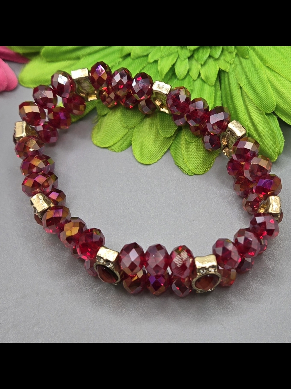 Red AB Stretch Bracelet Faceted Glass Crystals w/ Accent Pieces Sz 6 - 7